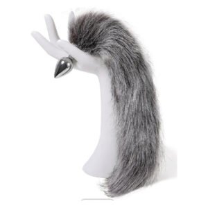 Анальна пробка з хвостом Anal plug faux fur fox tail light grey polyeste