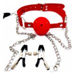 Кляп DS Fetish Ball gag with nipple clamps red