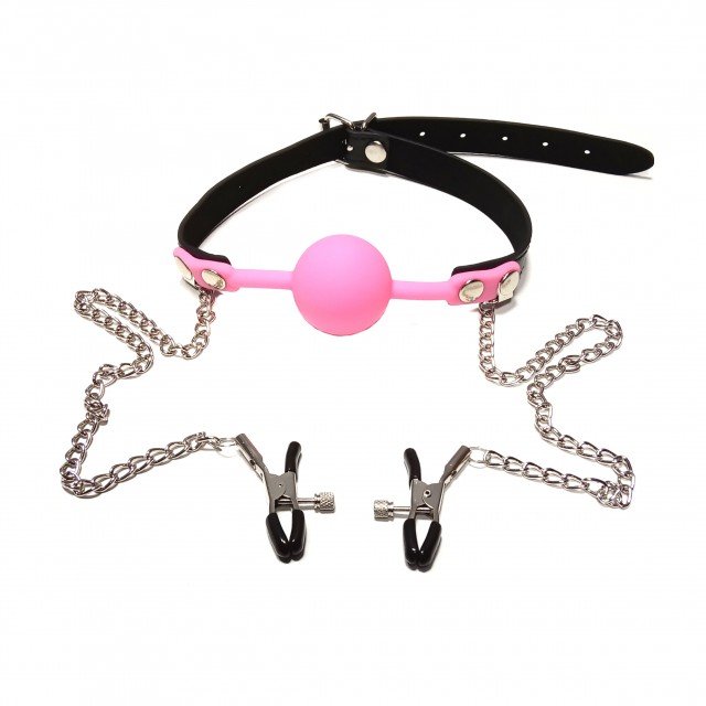 Кляп із затискачами на соски DS Fetish Locking gag with nipple clamps black/pink Кляп із затискачами на соски DS Fetish Locking gag with nipple clamps black/pink