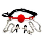 Кляп із затискачами на соски DS Fetish Locking gag with nipple clamps black/red