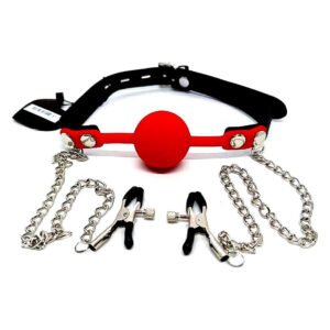 Кляп із затискачами на соски DS Fetish Locking gag with nipple clamps black/red