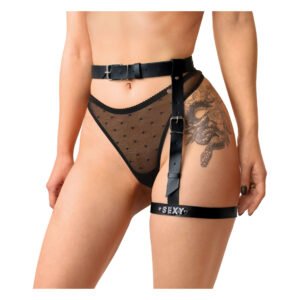 Гартер на ногу Art of Sex - Naomi з написом SEXY, натуральна шкіра, розмір XS-2XL, колір чорний