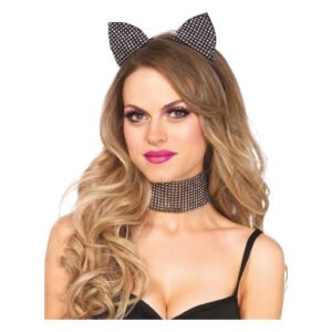 Набір кішечки зі стразами Leg Avenue Cat ear headband & choker set, широкий чокер та вушка
