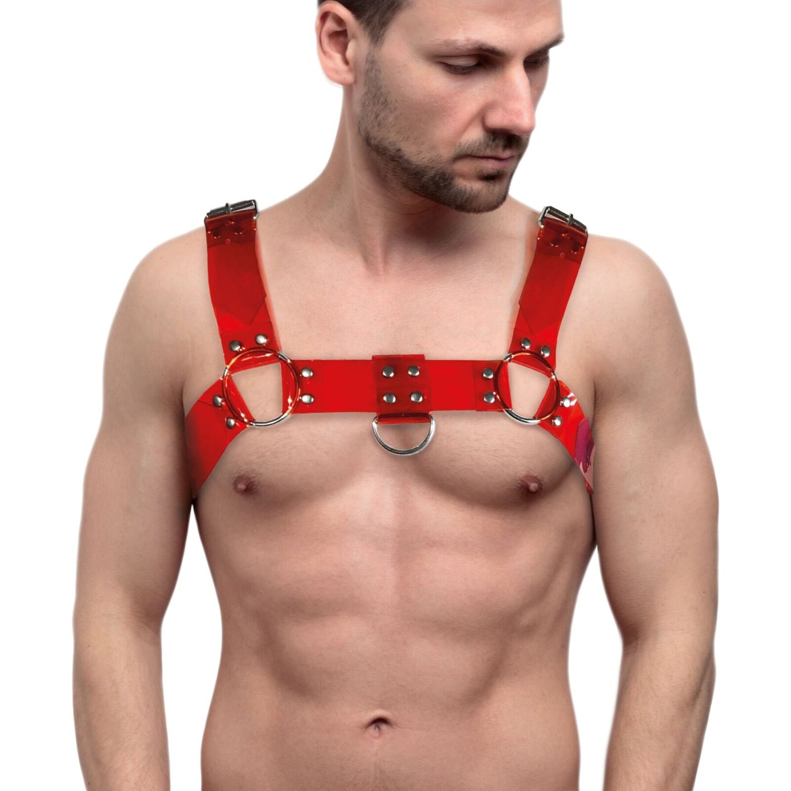 Чоловіча портупея на груди Feral Feelings - Bulldog Harness Red Trasparent Чоловіча портупея на груди Feral Feelings - Bulldog Harness Red Trasparent
