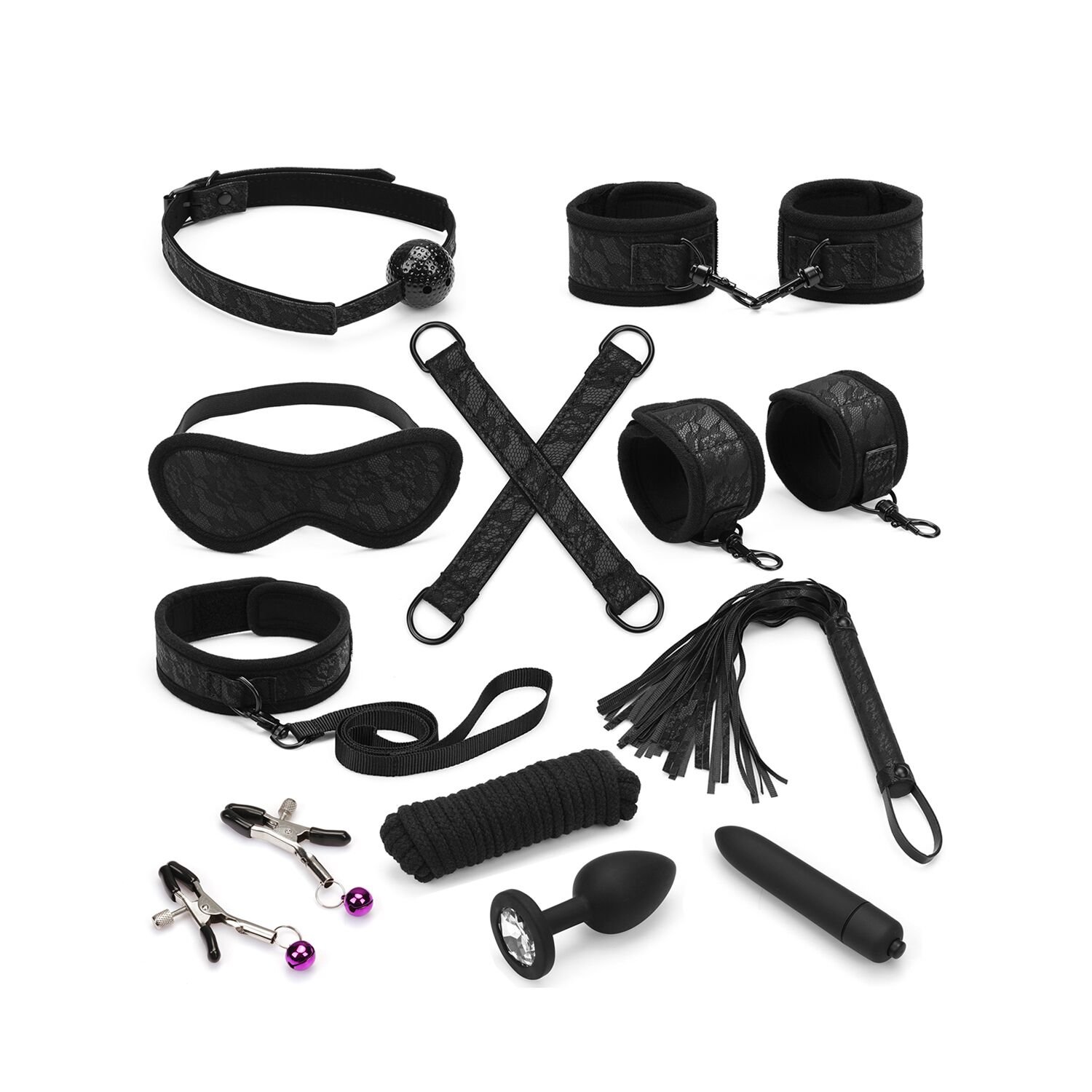 Набір Liebe Seele Black Lace and Neoprene 11pcs Bondage Kit, анальна пробка з кристалом, віброкуля Набір Liebe Seele Black Lace and Neoprene 11pcs Bondage Kit, анальна пробка з кристалом, віброкуля