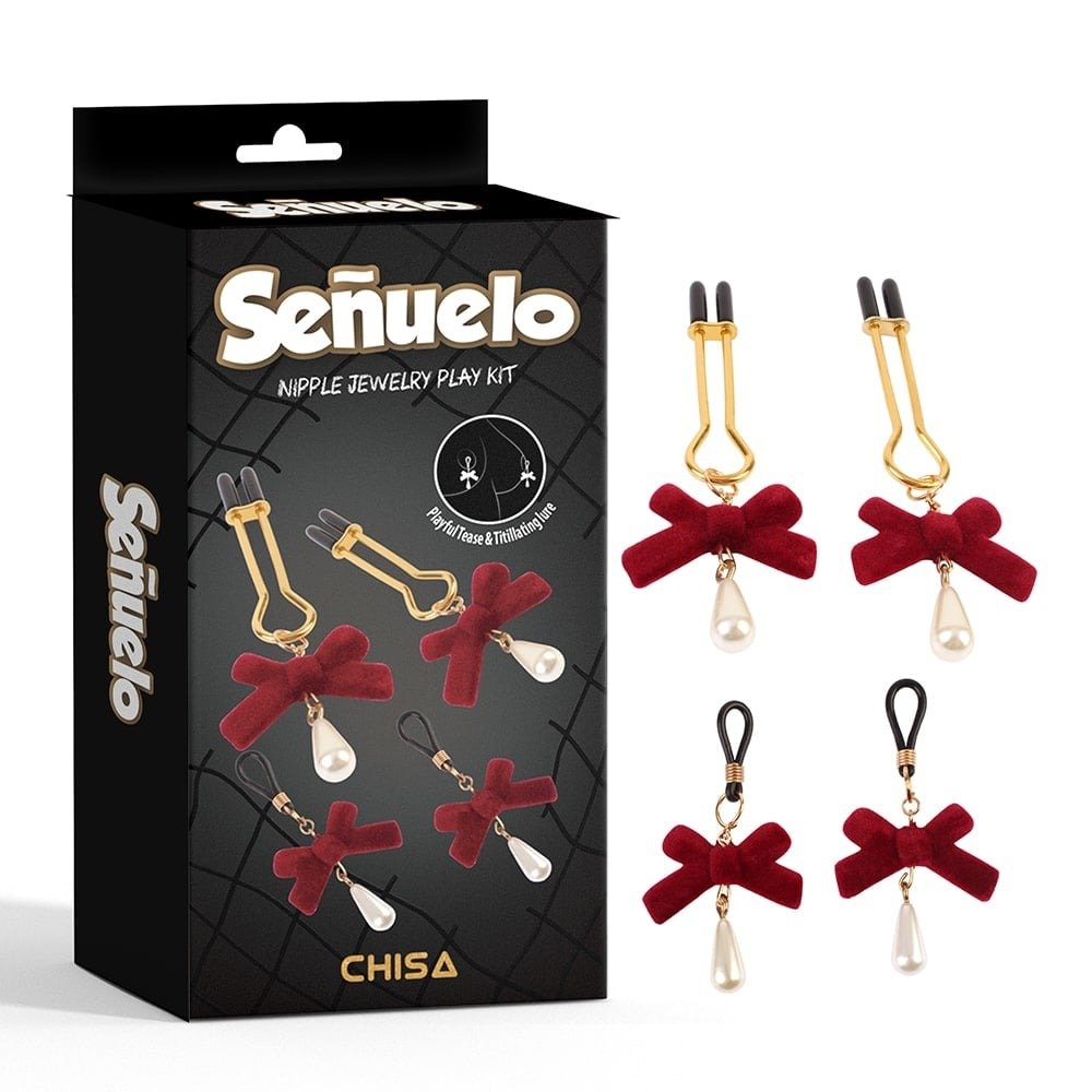 Затискачі на соски CHISA Senuelo Nipple Jewelry Play Kit з червоними бантиками та перлинами Затискачі на соски CHISA Senuelo Nipple Jewelry Play Kit з червоними бантиками та перлинами
