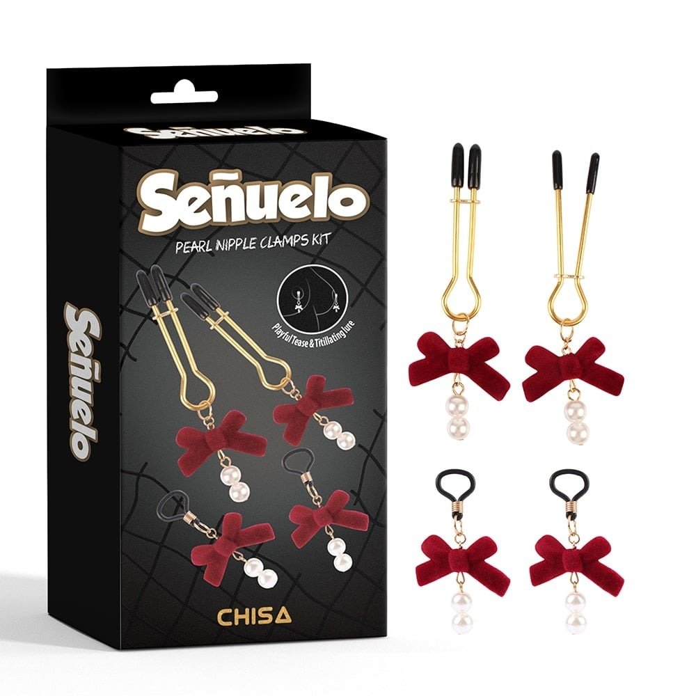 Затискачі на соски CHISA Senuelo Pearl Nipple Clamps Kit з червоними бантиками та намистинами Затискачі на соски CHISA Senuelo Pearl Nipple Clamps Kit з червоними бантиками та намистинами