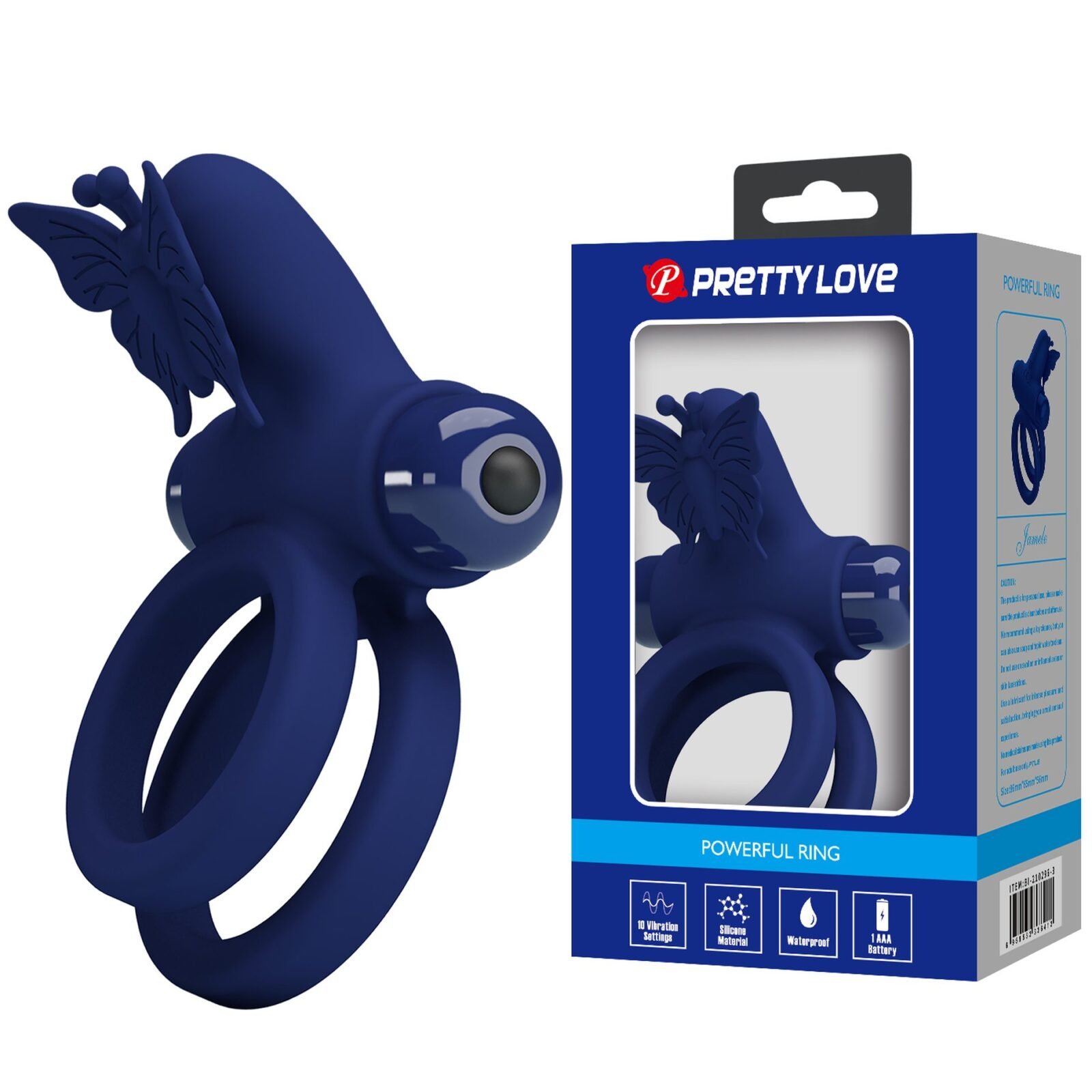 Ерекційне віброкільце подвійне PRETTY LOVE Powerful Ring Jamele з метеликом, 10 режимів, синє Ерекційне віброкільце подвійне PRETTY LOVE Powerful Ring Jamele з метеликом, 10 режимів, синє