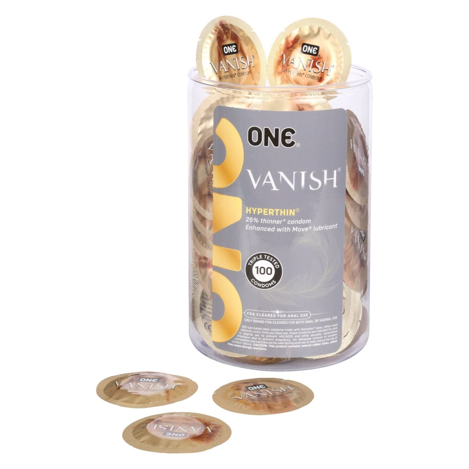 Набір презервативів ONE Vanish Hyperthin, 100 шт, ультратонкі, зі змазкою, паковання-тубус Набір презервативів ONE Vanish Hyperthin, 100 шт, ультратонкі, зі змазкою, паковання-тубус