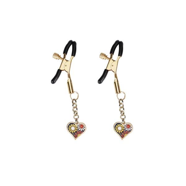 Затискачі для сосків з підвіскою Liebe Seele Nipple Clamps Gold Heart-shaped Flowers on Blue Затискачі для сосків з підвіскою Liebe Seele Nipple Clamps Gold Heart-shaped Flowers on Blue